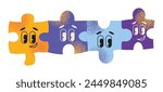 Group of diverse happy smiling disabled people and guide dog, eye, puzzle, sign language, braille with an assortment of different handicaps , vector illustration isolated on a white background