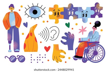 Group of diverse happy smiling disabled people and guide dog, eye, puzzle, sign language, braille with an assortment of different handicaps , vector illustration isolated on a white background