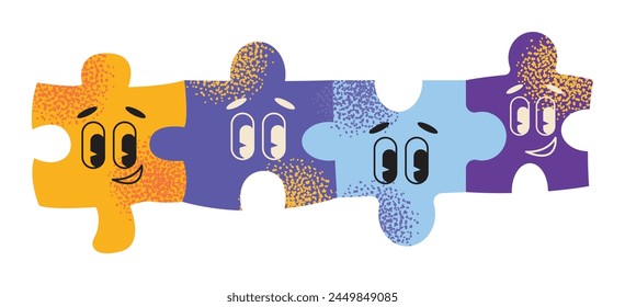 Group of diverse happy smiling disabled people and guide dog, eye, puzzle, sign language, braille with an assortment of different handicaps , vector illustration isolated on a white background