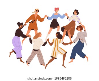 Group of diverse happy women dancing in circle, holding hands together. Concept of feminist community, sisterhood and woman solidarity. Colored flat vector illustration isolated on white background