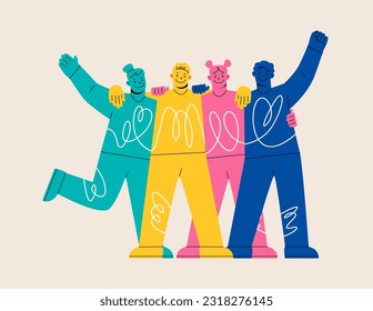 Group of diverse happy young people standing together and hugging. Team of friends. Diversity and friendship concept. Colorful vector illustration
