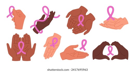 Group of diverse human arms hold breast cancer awareness pink ribbons. Support, care cancer patients concept. Raise public awareness mammary gland cancer. Vector flat illustration set.