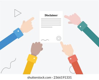 Group of diverse human arms  pointing on disclaimer note. disclaimer illustration vector set.