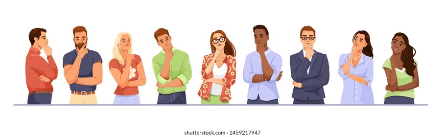 A group of diverse illustrated people standing, thinking poses, cartoon style, plain background, concept of reflection. Vector illustration