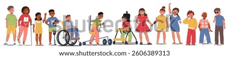 Group of diverse inclusive children cartoon characters with different mental, physical disabilities vector illustration. Little girls boys with blindness, amputated limbs, vitiligo, bionic prosthesis