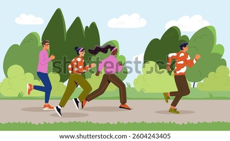 A group of diverse individuals jogging together on a park trail, cartoon style, with green trees and blue sky background. Concept of outdoor fitness. Vector illustration