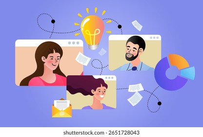 group of diverse individuals participating in an online video conference or virtual meeting. The surrounding elements like a lightbulb, sticky notes, and charts symbolize brainstorming, idea sharing.