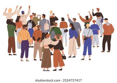 A group of diverse individuals seen from behind, engaging in social activities such as taking photos, talking, and waving. Ideal for lifestyle community events social gatherings modern society urban