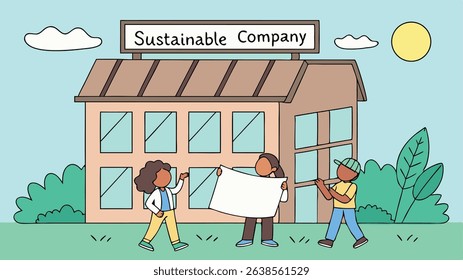 Group of diverse individuals standing outside a green building labeled Sustainable Company, holding a recycling sign, promoting eco-friendly practices and community engagement