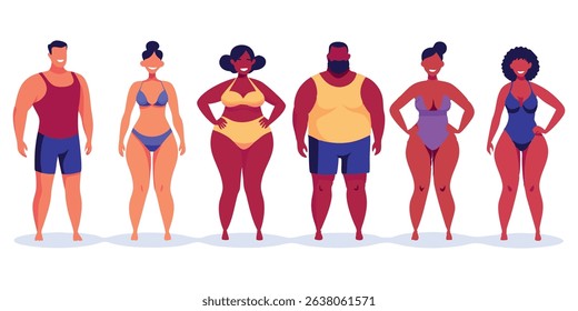 Group of diverse individuals in swimwear showcasing body positivity and confidence, standing together in a line, celebrating different body shapes and sizes, vibrant colors and cheerful expressions