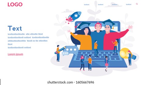 Group of Diverse International Graduating Students in laptop, rocket, Celebrating, E-learning platform, online course, Students,  Finish University , Vector illustration for web banner, infographics,