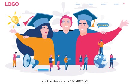 Group of diverse International graduating students, Celebrating, E-learning platform, online course, Students,  Finish University , Vector illustration for web banner, infographics,