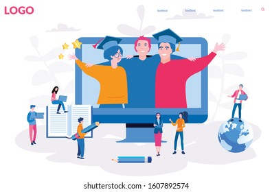 Group of diverse International graduating students, Celebrating, E-learning platform, online course, Students,  Finish University , Vector illustration for web banner, infographics,