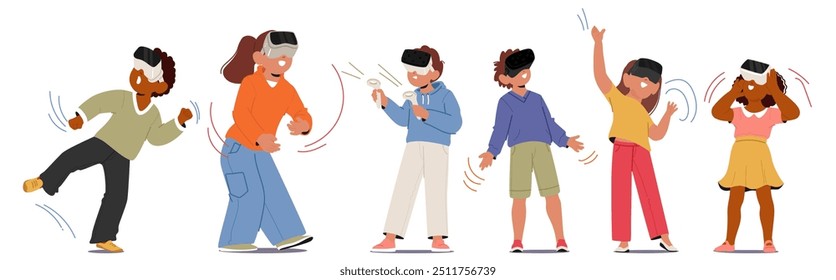 Group Of Diverse Kids Experiencing Fun And Excitement While Playing Games Using Vr Goggles. Image Depicts Children Immersed In Virtual Reality Adventure, Showcasing Technology And Playful Interaction