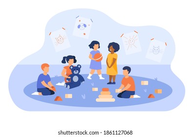 Group of diverse kids playing in kindergarten. Little children with toy pyramid, teddy bear and ball in playroom. For daycare, preschool education, learning games concept