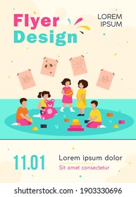Group of diverse kids playing in kindergarten. Little children with toy pyramid, teddy bear and ball in playroom. For daycare, preschool education, learning games concept