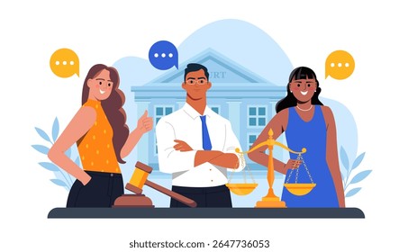 Group of diverse legal professionals with law symbols like gavel and scales in front of a courthouse, flat style on white background. Concept of justice. Vector illustration