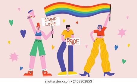 Grupo diverso de personas lgbt sosteniendo afiches, carteles, Anuncios, banderas del arco iris durante el mes del orgullo, desfile gay, derechos humanos, igualdad, Ilustración vectorial de amor. Personajes de dibujos animados en estilo funky groovy