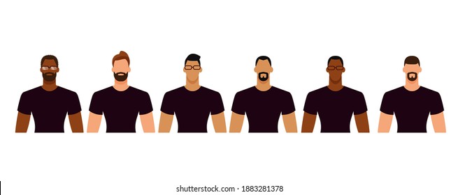 Group of diverse men in casual clothes. Minimal faceless characters icon. Flat design vector illustration isolated on white.