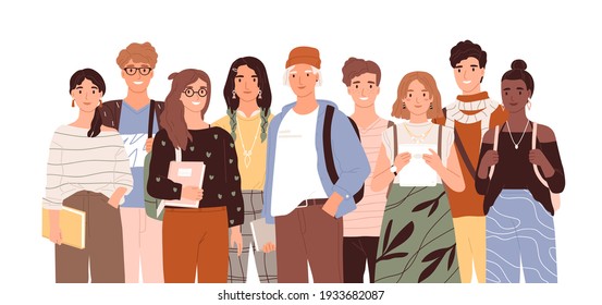 Группа разнообразных современных студентов или одноклассников, стоящих вместе. Портрет счастливых молодых людей, изолированных на белом фоне. Цветная плоская векторная иллюстрация улыбающихся подростков