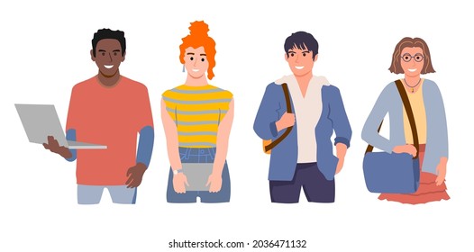 Group of diverse modern students or classmates standing together. Portrait of happy multicultural young people isolated on white background. Flat cartoon vector illustration of smiling teenagers