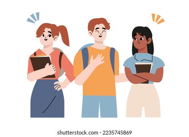 Group of diverse modern students or classmates standing together. Portrait of happy young people. Colored flat cartoon vector illustration of smiling teenagers