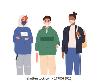 Group Of Diverse Modern Teenagers Wearing Protective Masks Vector Flat Illustration. Casual Teen Guys In Respirators Standing Together Isolated On White. Protection From Coronavirus Outbreak