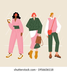 Group of diverse modern women wearing trendy clothes. Casual stylish street fashion outfits. Girl power concept. Hand drawn vector illustration of colorful characters.