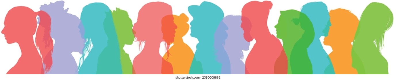 A group of diverse multicultural and multiethnic people silhouette. Social network group and community of men and women. Multicolor male and female from the side on an isolated white background.