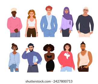 A group of diverse multicultural multinational people in different poses. A collection of modern young female and male characters in a flat style. Vector cartoon illustration