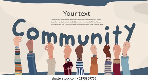 Group of diverse and multicultural people with hands up holding letters forming text -Community- Diversity people. Teamwork community. Diverse culture. Cooperation concept. Racial equality