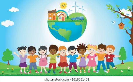Group of diverse and multiethnic children embracing each other. Unity for an ecological world with eco and sustainable energy. Globe with solar cell and wind turbines. Save our planet