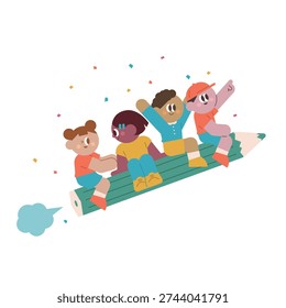 Group of diverse multiethnic children sitting and flying on a giant green pencil with colorful confetti in flat illustration style representing imagination creativity education and back to school fun concepts for kids poster or banner design over 150 characters.