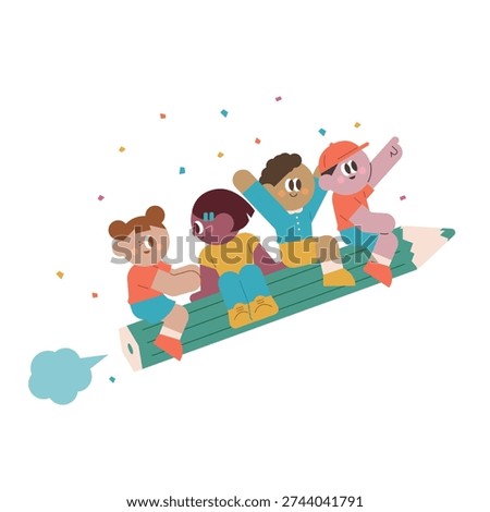 Group of diverse multiethnic children sitting and flying on a giant green pencil with colorful confetti in flat illustration style representing imagination creativity education and back to school fun concepts for kids poster or banner design over 150 characters.