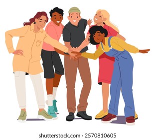 Group of diverse multiethnic happy friends stacking hands together showcasing unity and friendship standing isolated on white. Support, oneness, team spirit and cooperation vector illustration