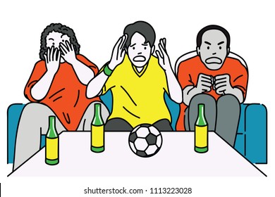 Group of diverse, multi-ethnic men, sitting on sofa, watch football match on television, cheering with excited expression. Outline, linear, thin line art, hand drawn sketch design. 