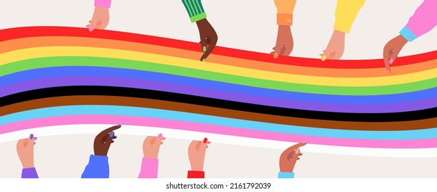 Gruppe verschiedener multiethnischer multikultureller Menschen, die die Regenbogenflagge tragen. June Pride Parade Banner von LGBTQ+ Lesbisch, schwul, bisexuell, transgender Queer Organisation. Neue soziale Gerechtigkeit.