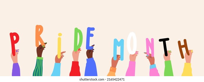  Group of diverse multi-ethnic multicultural people raised hands holding the text pride month. June Pride Parade banner of LGBTQ+  Queer organization. New Social Justice.
