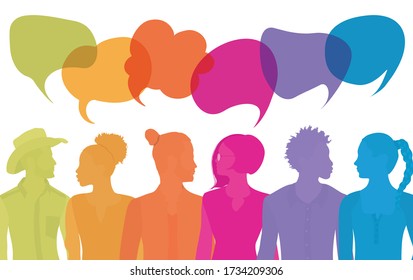 Group of diverse multiethnic people different culture talking sharing ideas. Communication people. Crowd talking. Silhouette. Social network. Community. Speak. Communicate. Speech bubble
