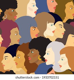 A group of diverse multinational women. Female faces in profile.Colorful vector seamless pattern.