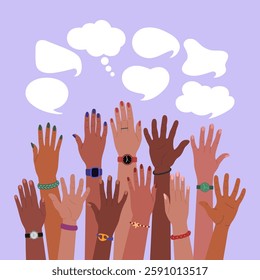 Group of diverse multiracial hands raised up and speech bubbles. Communication, opinions and idea exchange. Hand drawn vector vector illustration isolated on purple background, flat cartoon style.
