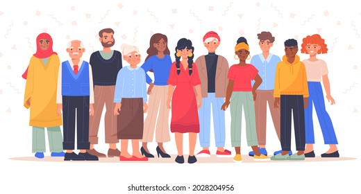 Grupo de personas diversas, multirraciales y multiculturales. Grupo de personajes felices, personajes femeninos jóvenes, adultos y ancianos. Ilustración vectorial de caricatura plana aislada en fondo blanco