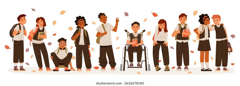 Group of diverse multiracial school children in uniform with schoolbags flat vector illustration isolated on white. Back to school banner.