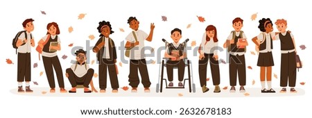 Group of diverse multiracial school children in uniform with schoolbags flat vector illustration isolated on white. Back to school banner.