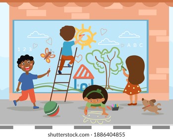 Group Of Diverse Multiraical Children Doing A Street Mural Drawing A Summer Landscape On A Building Wall, Cartoon Colored Vector Illustration