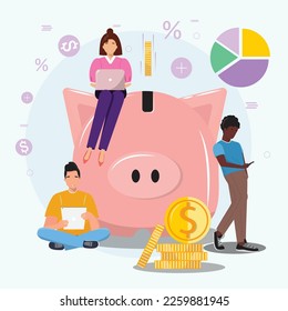 Group of diverse people around a huge piggy bank.