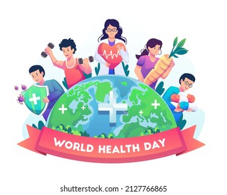 A group of diverse people around the world leading an active healthy lifestyle on World Health Day. Flat style vector illustration