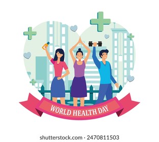 A group of diverse people around the world leading an active healthy lifestyle on World Health Day. flat vector modern illustration 