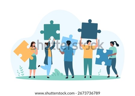 Group of diverse people assembling large jigsaw puzzle pieces, symbolizing teamwork, creative problem solving, and partnership in business success, isolated on white background vector illustration