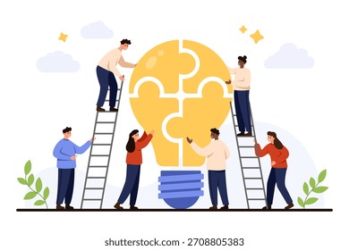 Group of diverse people assembling puzzle pieces to form a light bulb, representing teamwork, innovation, and creative problem solving, isolated on white background vector illustration